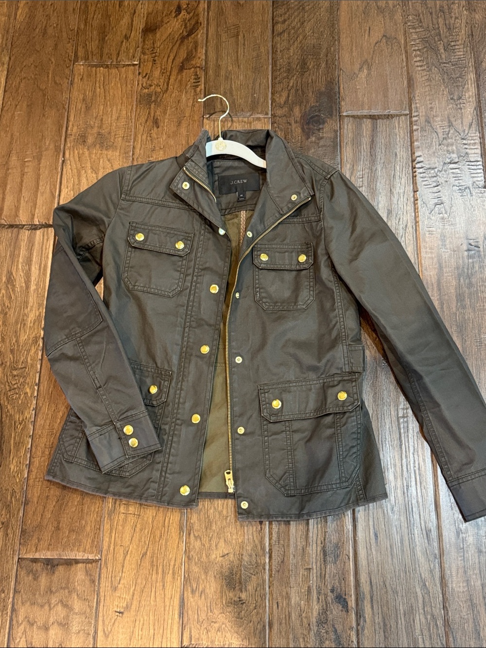 J. Crew Waxed Green Utility Jacket with Gold Snaps